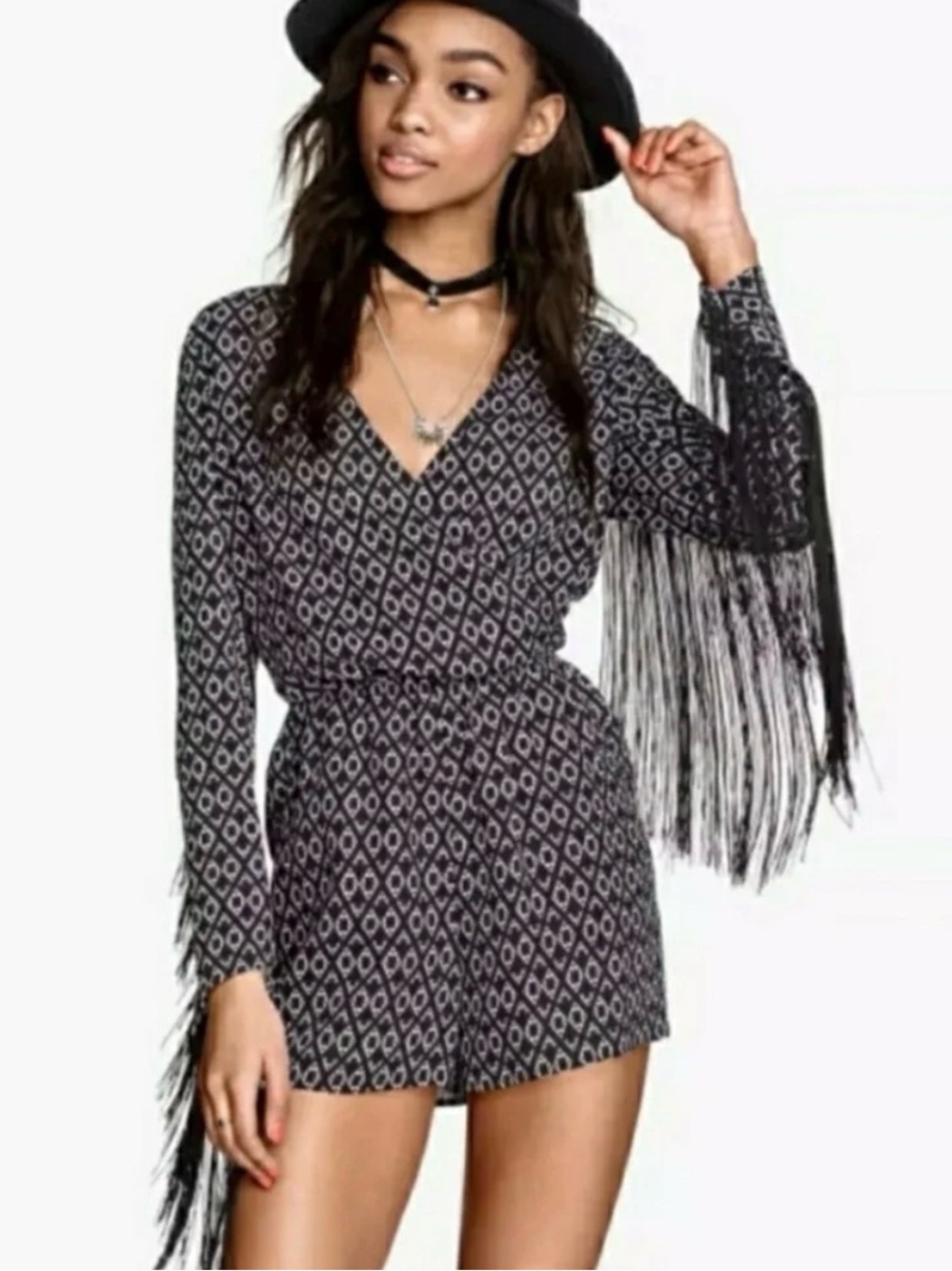 H&M Loves Coachella Black and White Geometric Fringe Romper